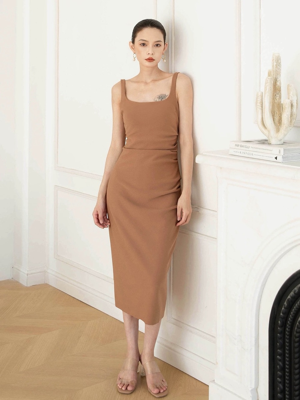 Sleeveless Square-Neck Midi Dress in Dusty